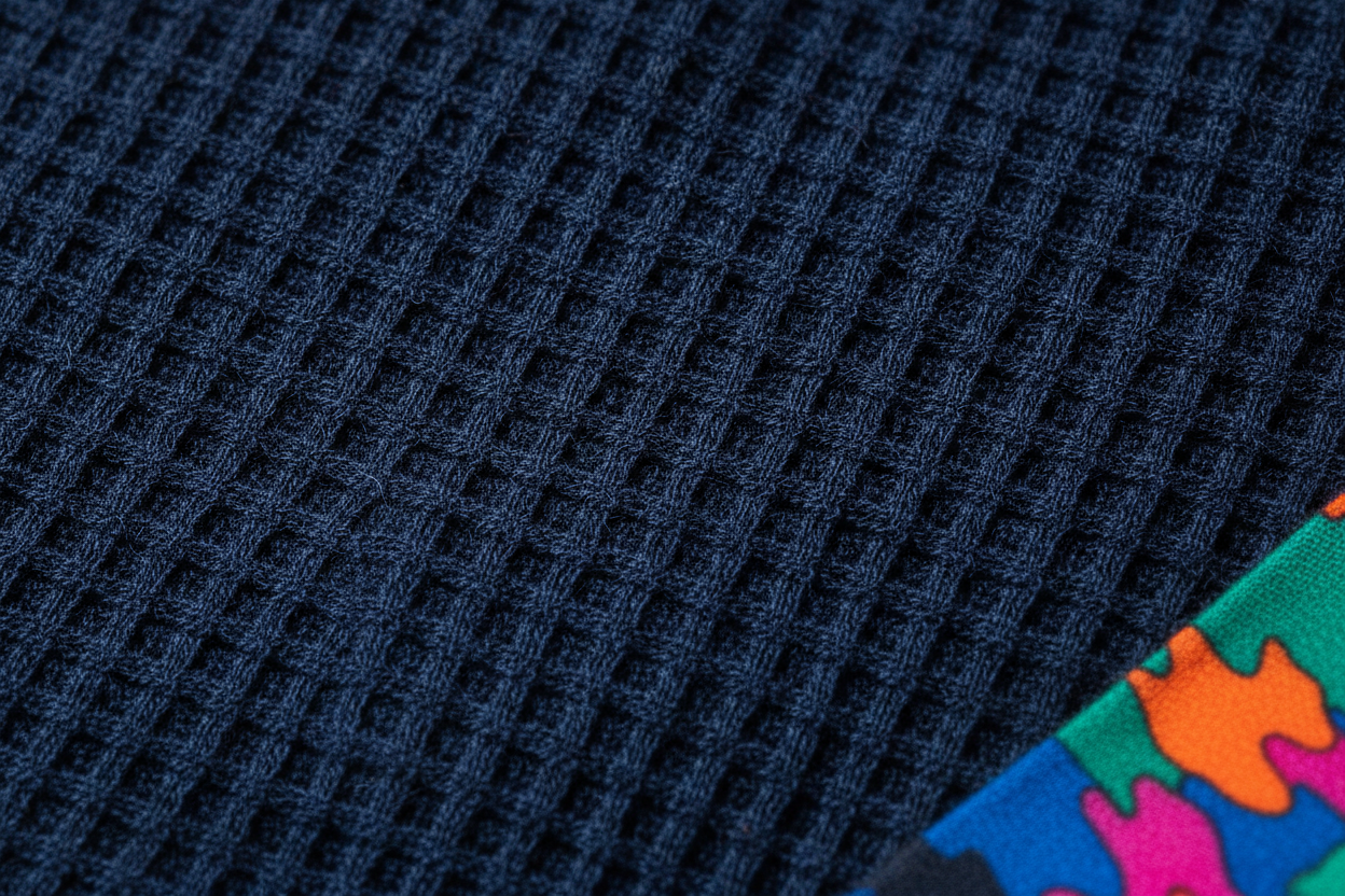 Fotografía cinematográfica de alta resolución, close-up extremo a la textura de una tela de algodón piqué de color azul marino profundo. Se aprecia la calidad de las fibras y el relieve del tejido. En una esquina, un enfoque suave a un estampado con colores vibrantes. Iluminación lateral dramática que resalta las sombras y el relieve. Estilo minimalista y profesional, formato 16:9, ideal para fondo de sitio web.