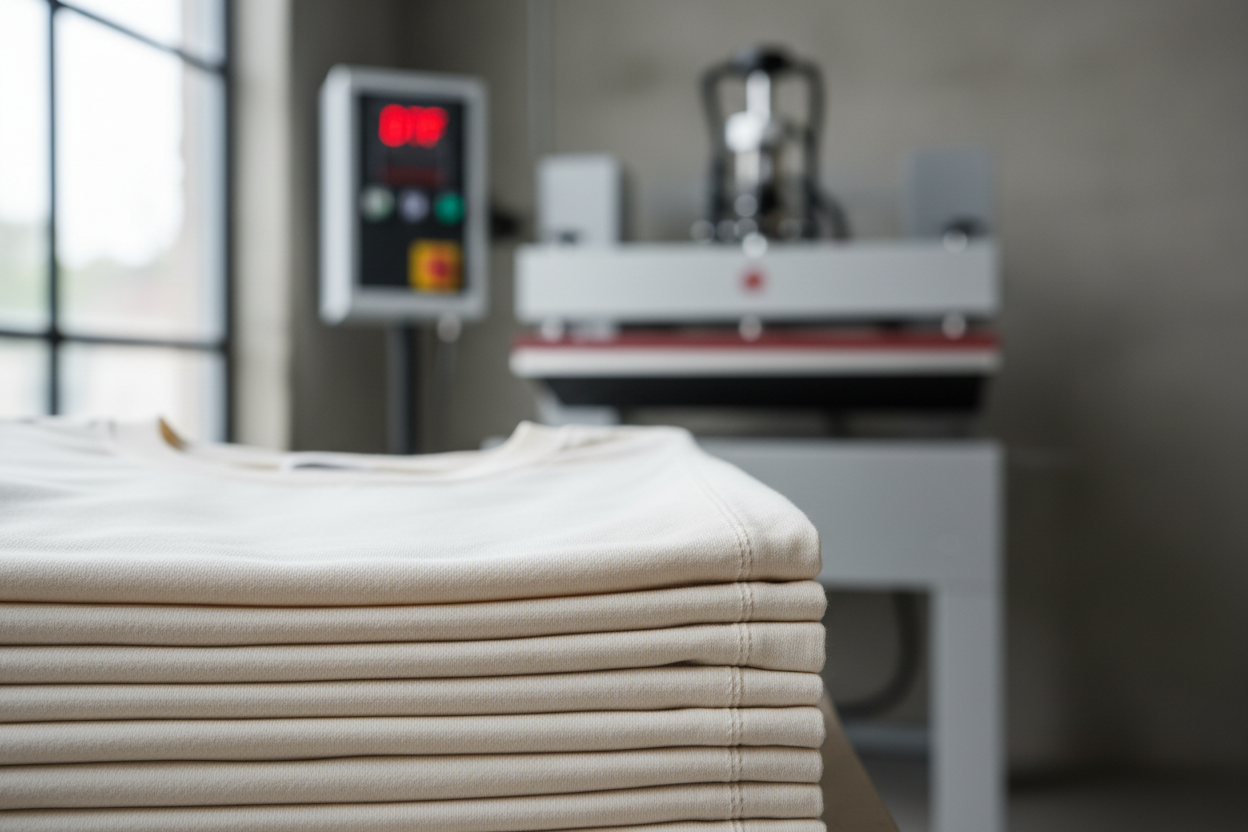 Professional cinematography, close-up of a stack of high-quality premium cotton t-shirts perfectly folded and organized in a textile workshop. Sharp focus on the texture of the fabric and the clean seams. In the background, a professional heat press machine for DTF printing is slightly blurred. Natural bright studio lighting, clean and industrial aesthetic, minimalist composition, 8k resolution, highly detailed textile photography