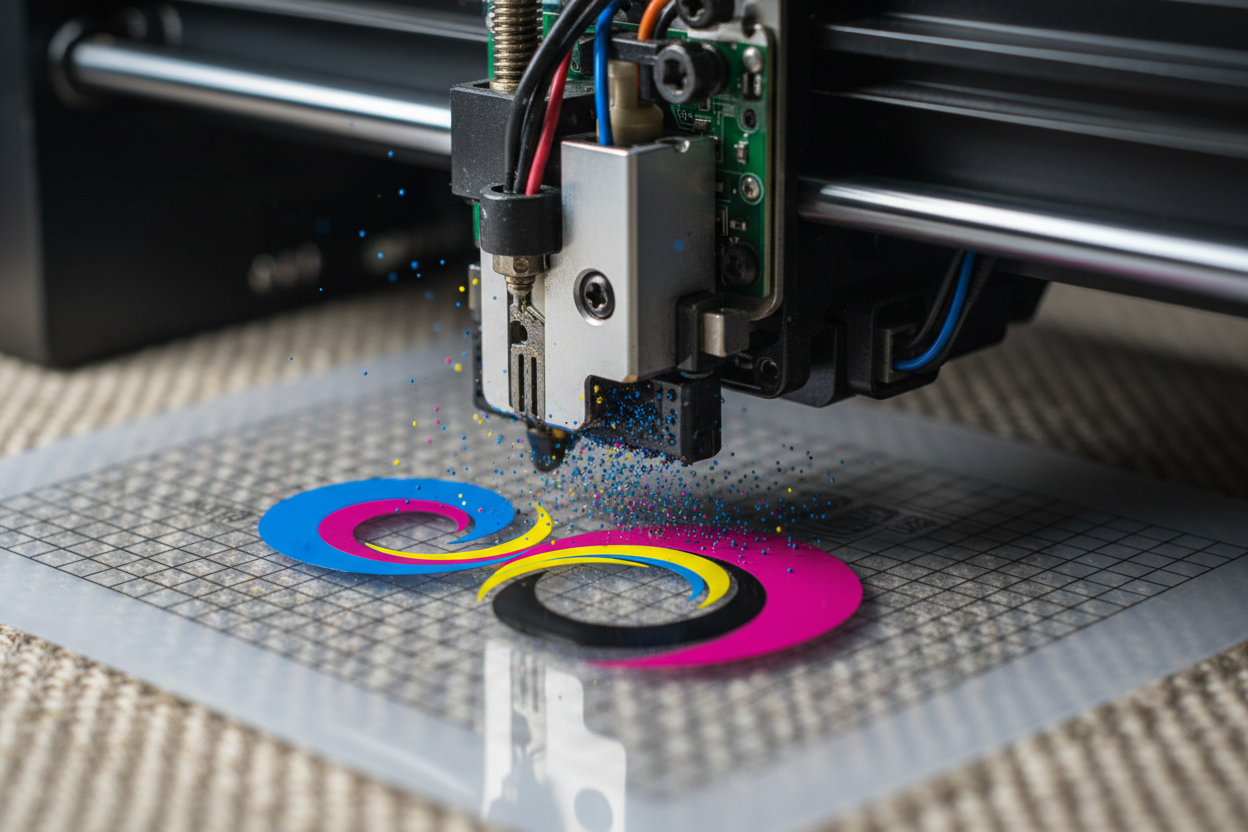 xtreme macro photography of a professional DTF (Direct to Film) printer head in action, printing a vibrant colorful logo onto a film sheet. High-speed shutter effect showing precision ink droplets. Sharp focus on the mechanical detail and the texture of the film. Bright, clinical industrial lighting, futuristic tech aesthetic, 8k resolution, hyper-realistic, depth of field with a blurred textile background.